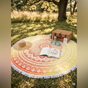 Boho Mandala Roundie Fringe Picnic Blanket Tablecloth Yellow & Orange Sunset